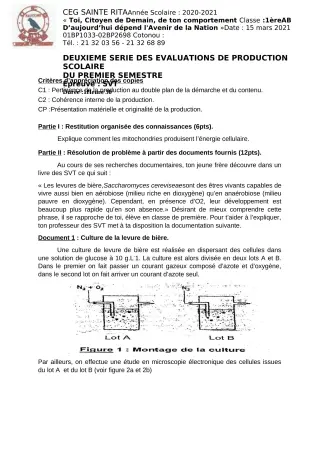 Première page de SVT 1ère A2, 1ère B — Production scolaire, 1er semestre (2020-2021) · CEG Sainte Rita