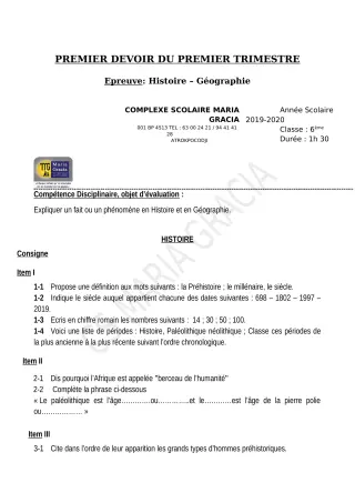 Première page de Histoire-Géographie 6e — 1er devoir surveillé, 1er trimestre (2019-2020) · CPEG MARIA GRACIA