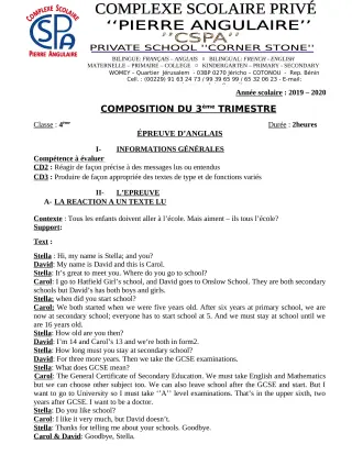 Première page de Anglais 4e, 4e ML — Composition, 3e trimestre (2019-2020) · CPEG PIERRE ANGULAIRE
