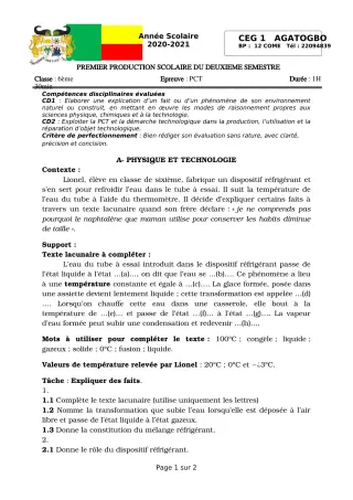 Première page de PCT 6e — 1re production scolaire, 2e semestre (2020-2021) · CEG 1 Agatogbo
