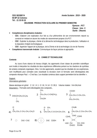 Première page de PCT 1ère C — 2e production scolaire, 1er semestre (2019-2020) · CEG SEGBEYA