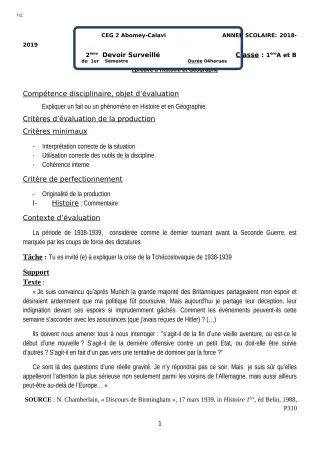 Première page de Histoire-Géographie 1ère A2, 1ère B — 2e devoir surveillé, 1er semestre (2018-2019) · CEG2 ABOMEY - CALAVI (CEG ZOCA)