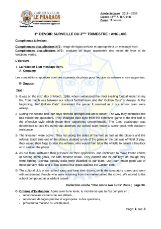 Première page de Anglais 2nde A, 2nde B, 2nde C, 2nde D — 1er devoir surveillé, 3e trimestre (2019-2020) · CPEG LE PHARAON