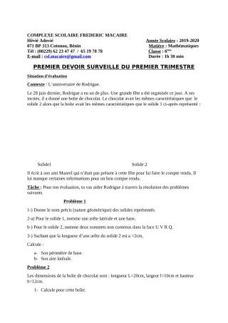 Première page de Mathématiques 6e — 1er devoir surveillé, 1er trimestre (2019-2020) · CPEG Frédéric Macaire