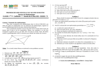 Première page de Mathématiques 2nde D — 1er devoir surveillé, 2e semestre (2022-2023) · CEG SEKERE