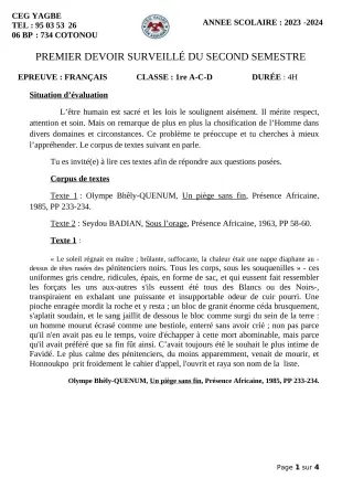Première page de Français 1ère A2, 1ère B, 1ère C, 1ère D — 1er devoir surveillé, 2e semestre (2023-2024) · CEG Yagbe