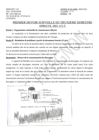 Première page de SVT 1ère C — 1er devoir surveillé, 2e semestre (2020-2021) · CEG FIYEGNON
