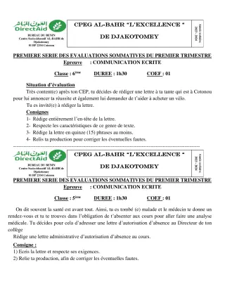 Première page de Français 6e, 5e — 1re évaluation sommative, 1er trimestre (2023-2024) · CPEG L'EXCELLENCE