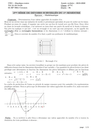 Première page de Mathématiques 2nde C — 2e devoir surveillé, 1er semestre (2019-2020) · CEG 1 Akpakpa-Centre