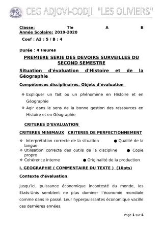Première page de Histoire-Géographie Tle B — 1er devoir surveillé, 2e semestre (2019-2020) · CEG ADJOVICODJI 'LES OLIVIERS'