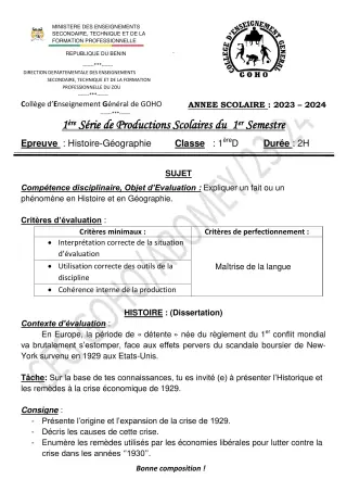 Première page de Histoire-Géographie 1ère D — 1re production scolaire, 1er semestre (2023-2024) · CEG GOHO