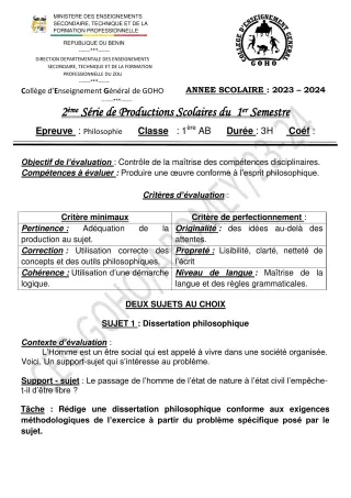 Première page de Philosophie 1ère A & B — 2e production scolaire, 1er semestre (2023-2024) · CEG GOHO