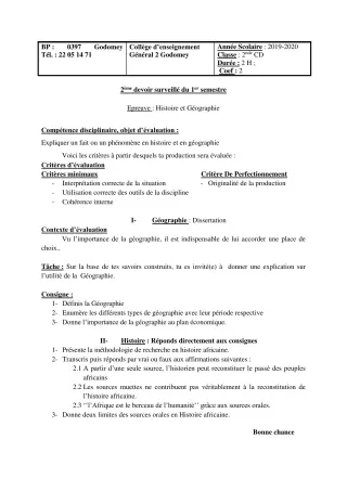 Première page de Histoire-Géographie 2nde C, 2nde D — 2e devoir surveillé, 1er semestre (2019-2020) · CEG2 Godomey
