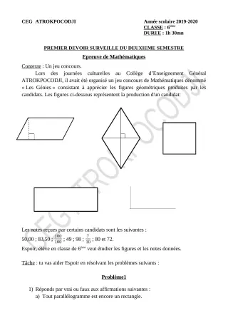Première page de Mathématiques 6e — 1er devoir surveillé, 2e semestre (2019-2020) · CEG ATROKPOCODJI