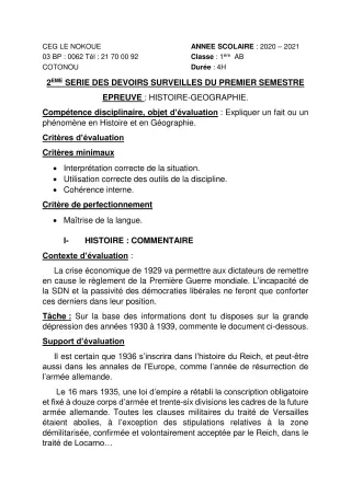 Première page de Histoire-Géographie 1ère A2, 1ère B — 2e devoir surveillé, 1er semestre (2020-2021) · CEG LE NOKOUE