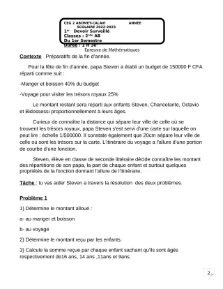 Première page de Mathématiques 2nde A & B — 1er devoir surveillé, 1er semestre (2022-2023) · CEG2 ABOMEY - CALAVI (CEG ZOCA)