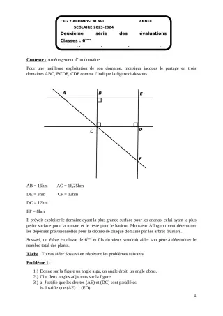 Première page de Mathématiques 6e — 2e évaluation sommative, 1er semestre (2023-2024) · CEG2 ABOMEY - CALAVI (CEG ZOCA)