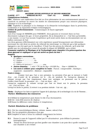 Première page de PCT 5e — 2e devoir surveillé, 2e semestre (2023-2024) · CEG SEKERE