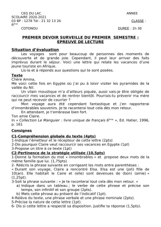 Première page de Français 6e — 1er devoir surveillé, 1er semestre (2020-2021) · CEG du Lac