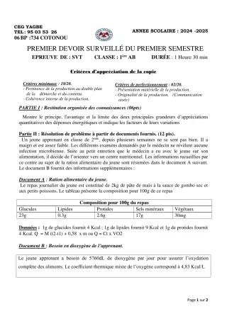 Première page de SVT 1ère A2, 1ère B — 1er devoir surveillé, 1er semestre (2024-2025) · CEG Yagbe