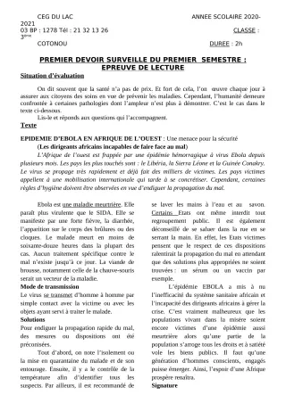 Première page de Français 3e, 3e ML — 1er devoir surveillé, 1er semestre (2020-2021) · CEG du Lac