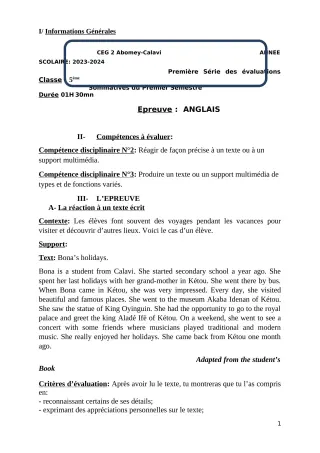 Première page de Anglais 5e — 1re évaluation sommative, 1er semestre (2023-2024) · CEG2 ABOMEY - CALAVI (CEG ZOCA)