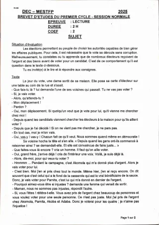Première page de Épreuve de Lecture – BEPC 2025 – Bénin