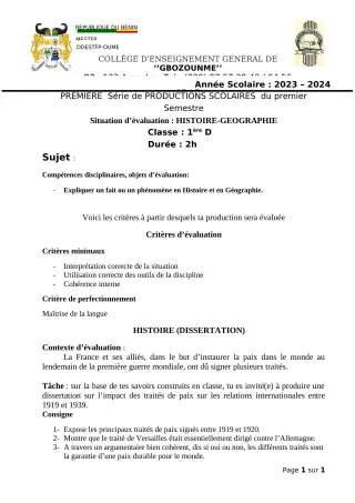 Première page de Histoire-Géographie 1ère D — 1re production scolaire, 1er semestre (2023-2024) · CEG GBOZOUME