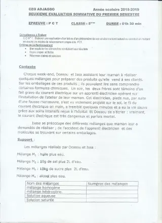 Première page de PCT 5e — 2e évaluation sommative, 1er semestre (2018-2019) · CEG ADJAGBO