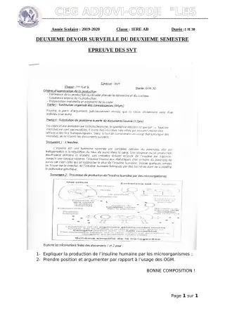 Première page de SVT 1ère B — 2e devoir surveillé, 2e semestre (2019-2020) · CEG ADJOVICODJI 'LES OLIVIERS'