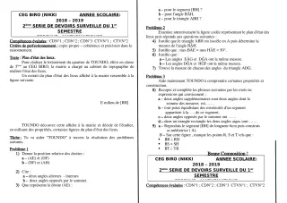 Première page de Mathématiques 6e, 5e, 4e, 4e ML, 3e, 3e ML, 2nde A, 2nde D, 1ère A, 1ère D, Tle A, Tle D — 2e devoir surveillé, 1er semestre (2018-2019) · CEG BIRO