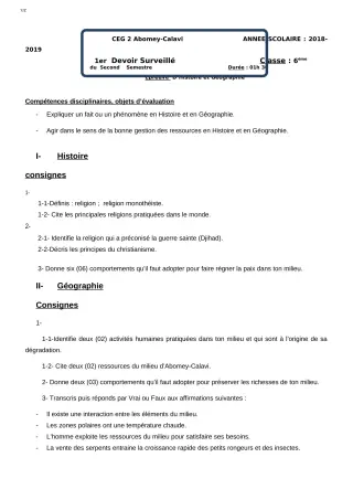 Première page de Histoire-Géographie 6e — 1er devoir surveillé, 2e semestre (2018-2019) · CEG2 ABOMEY - CALAVI (CEG ZOCA)