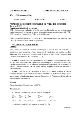 Première page de PCT 2nde C — 1re évaluation sommative (2019-2020) · CEG Ahossougbéta