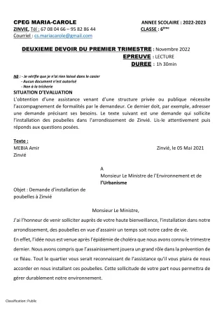 Première page de Français 6e — 2e devoir surveillé, 1er trimestre (2022-2023) · CPEG MARIA-CAROLE
