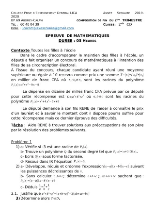 Première page de Mathématiques 1ère A2, 1ère B — 1re composition, 2e trimestre (2019-2020) · CPEG LICA