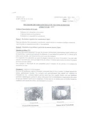Première page de SVT 5e — 2e devoir surveillé, 2e semestre (2018-2019) · CEG du Lac