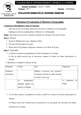 Première page de Histoire-Géographie 6e — Évaluation sommative, 3e trimestre (2019-2020) · CPEG La Finesse