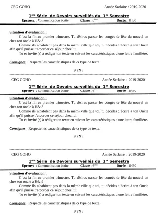 Première page de Français 6e, 5e — 1er devoir surveillé, 1er semestre (2018-2019) · CEG GOHO