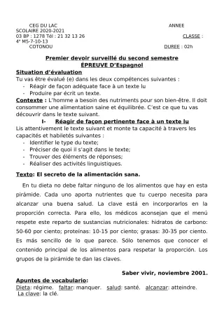 Première page de Espagnol 4e ML — 1er devoir surveillé, 2e semestre (2020-2021) · CEG du Lac