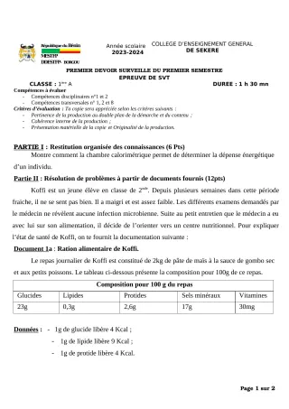 Première page de SVT 1ère A2 — 1er devoir surveillé, 1er semestre (2023-2024) · CEG SEKERE