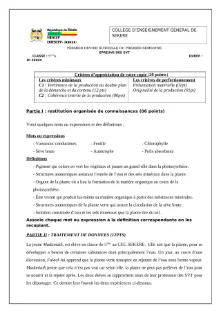 Première page de SVT 5e — 1er devoir surveillé, 1er semestre (2022-2023) · CEG SEKERE