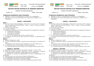 Première page de Histoire-Géographie 6e — 2e devoir surveillé, 1er semestre (2021-2022) · CEG SEKERE