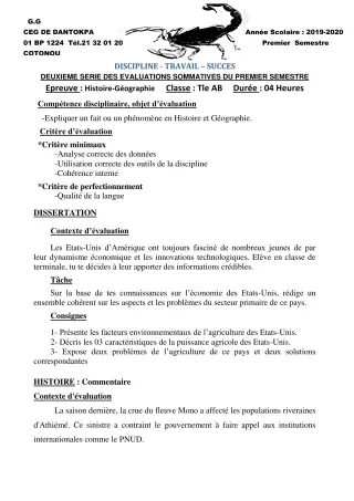 Première page de Histoire-Géographie Tle A1, Tle A2, Tle B — 2e évaluation sommative, 1er semestre (2019-2020) · CEG Dantokpa
