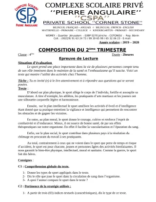 Première page de Français 4e — Composition, 2e trimestre (2019-2020) · CPEG PIERRE ANGULAIRE