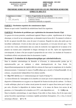 Première page de SVT 1ère A1, 1ère A2, 1ère B — 1er devoir surveillé, 1er semestre (2021-2022) · CEG Kouhounou-Vêdoko