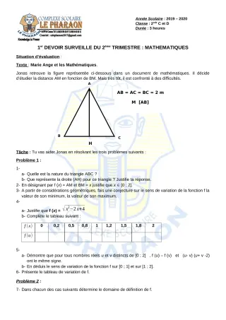 Première page de Mathématiques 2nde C, 2nde D — 1er devoir surveillé, 2e trimestre (2019-2020) · CPEG LE PHARAON