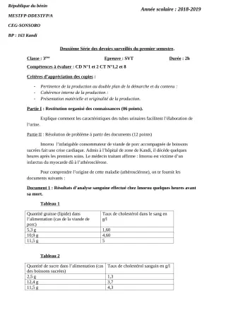 Première page de SVT 3e ML — 2e devoir surveillé, 1er semestre (2018-2019) · CEG SONSORO
