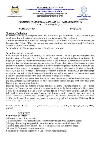 Première page de Français 2nde A1, 2nde A2, 2nde B, 1ère A1, 1ère A2, 1ère B, 1ère D, Tle A1, Tle A2, Tle B, Tle D — 1re production scolaire, 1er semestre (2022-2023) · CPEG le Creuset de l'Excellence