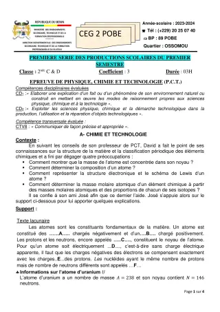 Première page de PCT 2nde C — 1re production scolaire, 1er semestre (2023-2024) · CEG 2 Pobè