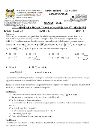 Première page de Mathématiques 1ère C — 2e production scolaire, 1er semestre (2023-2024) · CEG1 Ikpinlè
